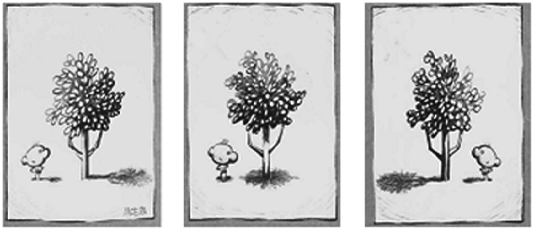 Três quadrinhos lado a lado, em desenho, mostrando a mesma árvore e um menino pequeno. No primeiro, o menino está à esquerda da árvore e as sombras da árvore e do menino são longas e se estendem para a direita. No segundo, o menino está à esquerda, junto ao tronco, e as sombras são curtas, quase embaixo da árvore e do menino. No terceiro, o menino está à direita da árvore e as sombras são longas e se estendem para a esquerda.
