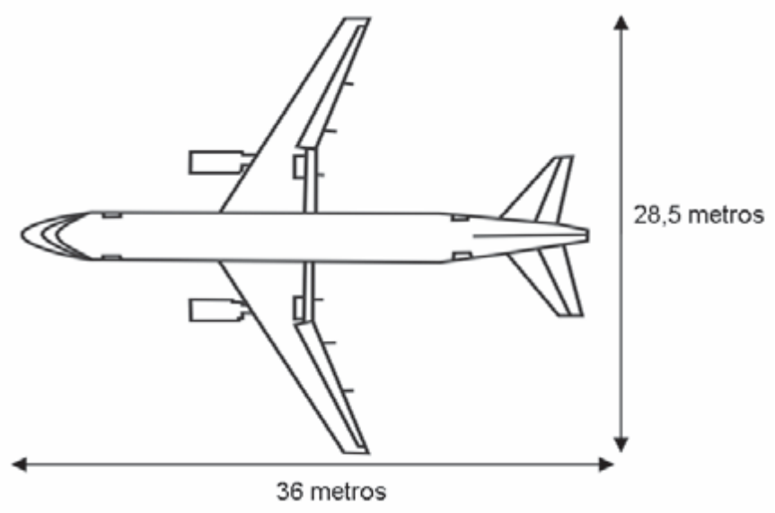 Desenho de um avião visto de cima, com as medidas reais: envergadura (largura das asas) 28,5 metros, indicada na vertical, e comprimento 36 metros, indicado na horizontal.