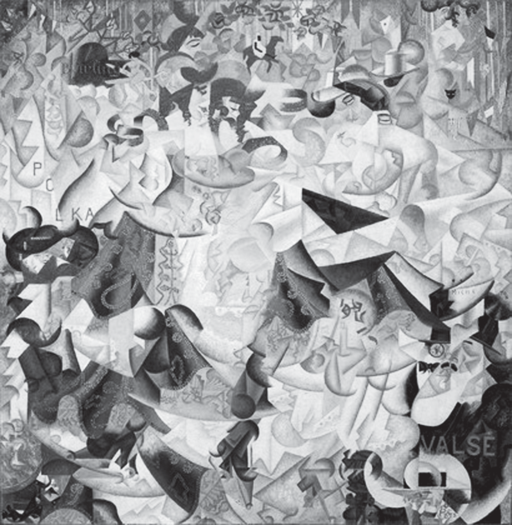 Pintura de Gino Severini (1912) que representa um salão de dança parisiense: formas fragmentadas e sobrepostas, figuras de dançarinas com vestidos rodados, um cavaleiro pequeno no alto, um gato preto, cartolas, arabescos e palavras inseridas na tela, como 'POLKA' e 'VALSE'. Tudo se mistura em ritmo dinâmico, sem perspectiva tradicional.