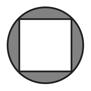 Círculo com um quadrado branco inscrito, cujos quatro vértices tocam a circunferência; os quatro segmentos circulares entre o quadrado e a circunferência estão sombreados em cinza.