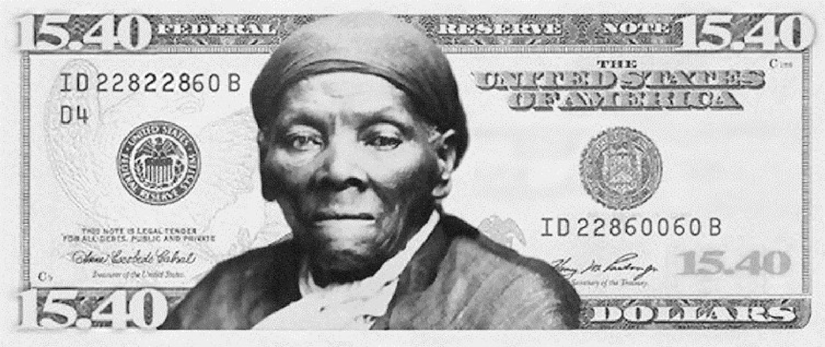 Imagem de uma cédula fictícia de dólar norte-americano com o valor "15.40" nos cantos, o retrato de uma mulher negra idosa com lenço na cabeça (Harriet Tubman) no centro e os dizeres "Federal Reserve Note" e "The United States of America".