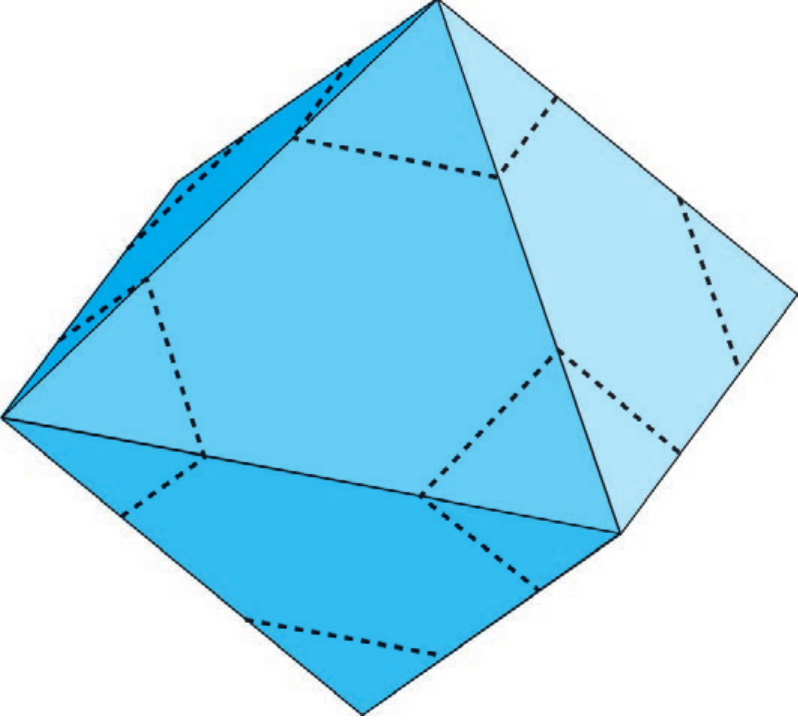 Octaedro regular azul em perspectiva, com faces em tons diferentes. Perto de cada vértice, linhas tracejadas cortam as arestas e delimitam a pirâmide a ser retirada; em cada vértice as linhas de corte formam um quadrilátero ao redor dele.