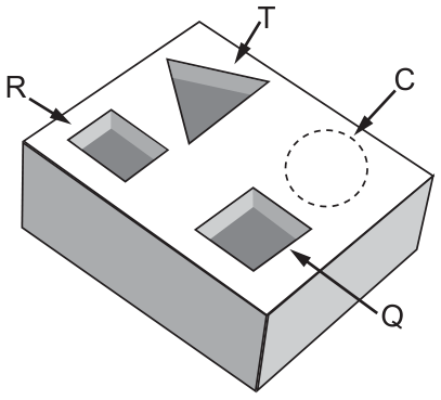 Bloco de madeira em perspectiva com três perfurações prontas — triangular (T), retangular (R) e quadrada (Q) — e a posição da futura perfuração circular (C) indicada por um círculo tracejado.