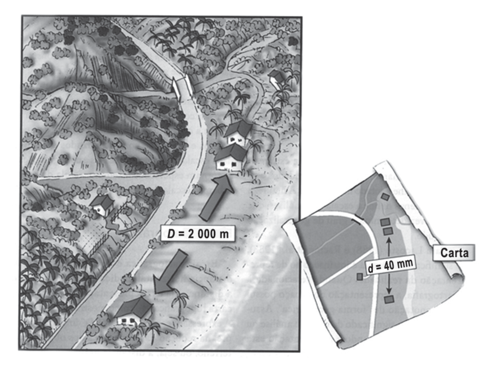Ilustração em preto e branco com dois painéis. À esquerda, o desenho em perspectiva de uma área costeira: uma estrada sinuosa, vegetação, praia e várias casas; entre duas casas situadas ao longo da estrada, uma seta de duas pontas indica a distância real "D = 2 000 m". À direita, um pedaço de carta (mapa) da mesma área, com a estrada, o rio e as casas representadas por pequenos retângulos; entre os dois retângulos correspondentes às mesmas casas, uma seta de duas pontas indica "d = 40 mm". Ao lado do mapa, a etiqueta "Carta".