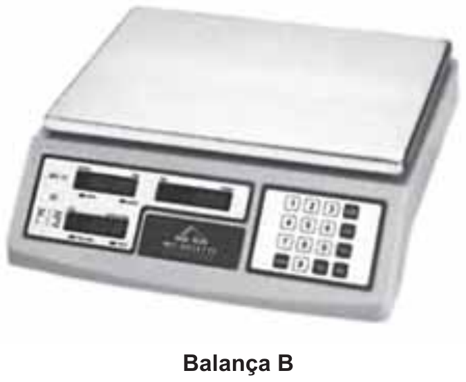 Fotografia de uma balança de plataforma eletrônica (prato retangular sobre o corpo com visor e teclado numérico), com a legenda 'Balança B'.