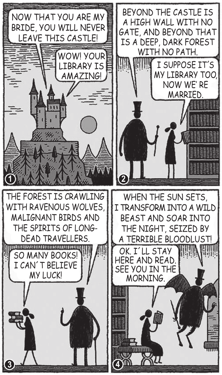 Tirinha em quatro quadros com duas personagens, um castelo e estantes de livros.