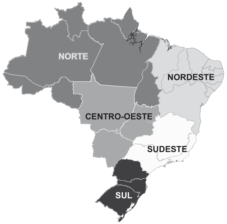 Mapa do Brasil dividido nas cinco regiões do IBGE, cada uma num tom de cinza e formada por estados inteiros: NORTE (cinza escuro, noroeste), NORDESTE (cinza claro, leste), CENTRO-OESTE (cinza médio, centro), SUDESTE (quase branco, leste-sul) e SUL (preto, extremo sul). As divisas estaduais aparecem em linhas finas dentro de cada região.