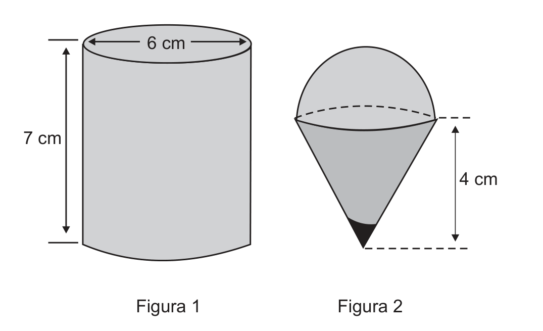 Figura 1: cilindro reto com diâmetro de 6 cm e altura de 7 cm. Figura 2: pião formado por uma semiesfera em cima e um cone embaixo, com a altura do cone marcada como 4 cm.