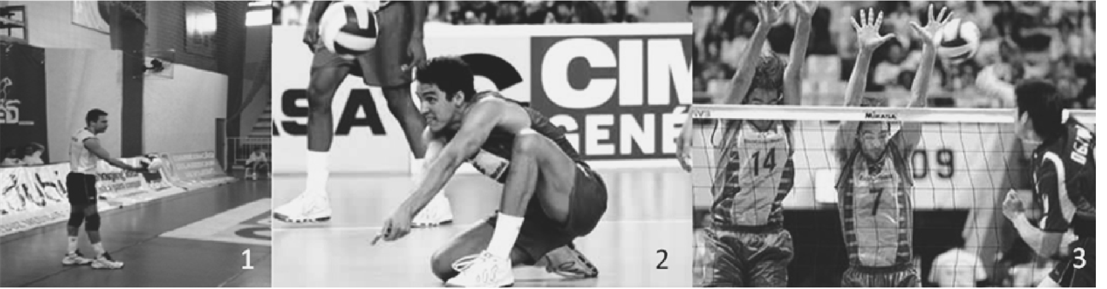 Três fotografias em preto e branco lado a lado, numeradas 1, 2 e 3. Foto 1: um jogador de vôlei, em pé atrás da linha de fundo de um ginásio, segura a bola com uma mão à frente, preparando o saque. Foto 2: um jogador agachado, com o corpo baixo e os braços estendidos para baixo em direção ao chão, na posição de manchete de defesa; ao fundo, outro jogador segura uma bola. Foto 3: junto à rede, dois jogadores de camisas 14 e 7 saltam com as mãos acima da rede formando um bloqueio, enquanto à direita um adversário (camisa 09) golpeia a bola no alto, com o braço armado para a cortada.