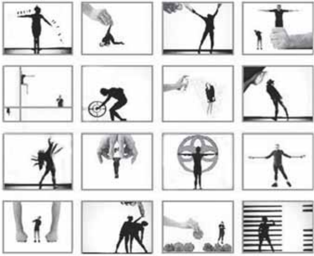 Sequência de dezesseis imagens de figuras humanas em movimento, combinadas com mãos e outros elementos.