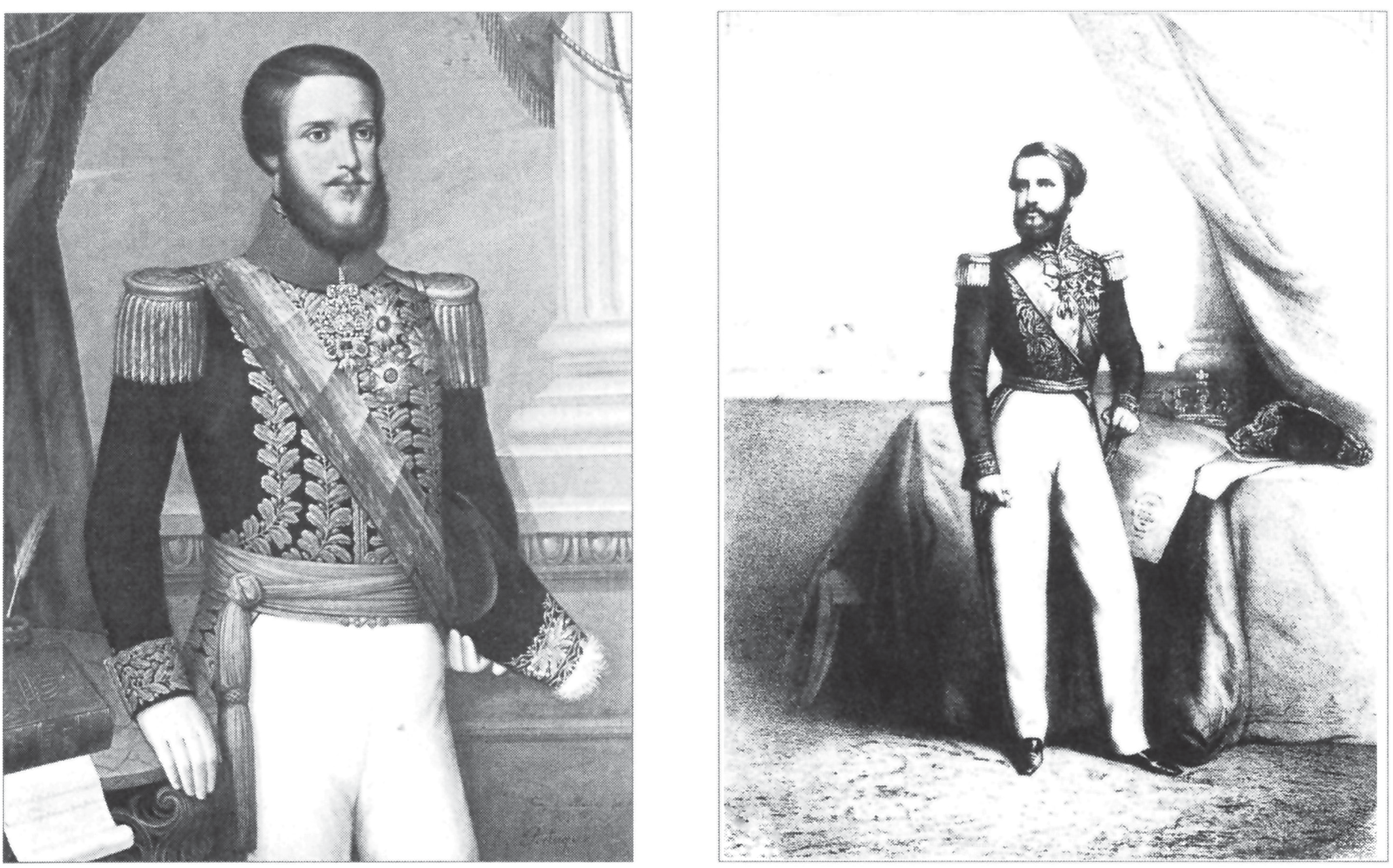 Dois retratos de D. Pedro II com barba e traje de gala militar. No primeiro, está sentado e apoia a mão perto de um documento. No segundo, aparece de corpo inteiro, de pé, junto de uma mesa com insígnias e coroa.
