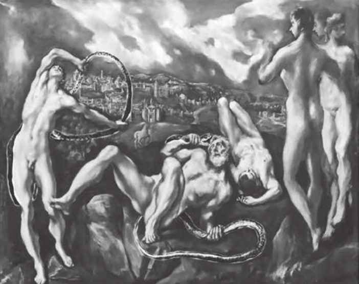 Reprodução em preto e branco da pintura Laocoonte, de El Greco, com figuras humanas e serpentes diante de uma paisagem.