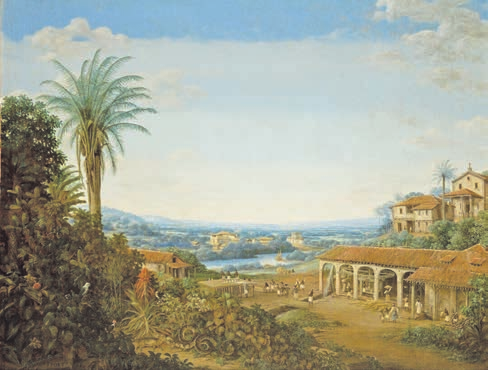 Pintura a óleo de Frans Post, “Paisagem com plantação: o engenho” (1660). Em primeiro plano, à esquerda, vegetação tropical densa com uma palmeira alta, arbustos floridos e pequenos animais; à direita, um engenho de açúcar com telhado de telhas e alpendre de arcos, onde figuras humanas trabalham, e, ao fundo à direita, uma casa-grande e uma capela em elevação. Ao centro, um vale com rio sinuoso, canaviais em quadras e barcos; ao longe, montanhas azuladas sob céu claro com nuvens.