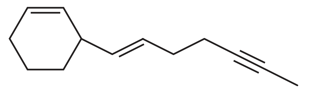 Fórmula estrutural em bastão de um hidrocarboneto: um anel de seis carbonos com uma ligação dupla (cicloexeno); de um dos carbonos do anel sai uma cadeia lateral com uma ligação dupla carbono-carbono, dois carbonos de ligações simples, uma ligação tripla carbono-carbono e, no fim, um carbono terminal.