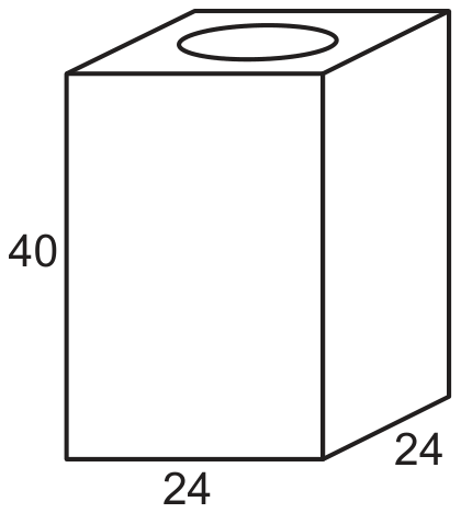 Desenho em perspectiva de um paralelepípedo retangular reto com uma abertura circular no topo (lata de tinta). Medidas indicadas: altura 40, e as duas dimensões da base 24 e 24.