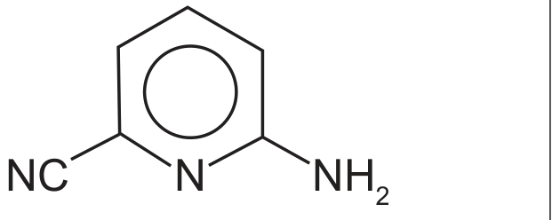 Fórmula estrutural da 2-amino-6-cianopiridina: anel aromático de seis membros com um círculo interno (piridina), com o átomo de N na posição inferior do anel; no carbono à esquerda do N está ligado o grupo NC (ciano, C≡N), e no carbono à direita do N, o grupo NH₂ (amino).