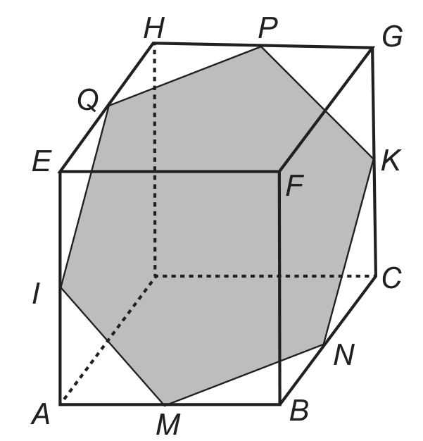 Desenho em perspectiva de um cubo transparente com vértices A, B, C, D (base; D oculto) e E, F, G, H (topo), arestas ocultas tracejadas. No interior, um hexágono regular sombreado em cinza com vértices I, M, N, K, P e Q: I no ponto médio da aresta vertical AE (à esquerda), M no ponto médio da aresta AB (base, frente), N no ponto médio da aresta BC (base, direita), K no ponto médio da aresta vertical CG (à direita), P no ponto médio da aresta HG (topo, fundo) e Q no ponto médio da aresta EH (topo, esquerda).