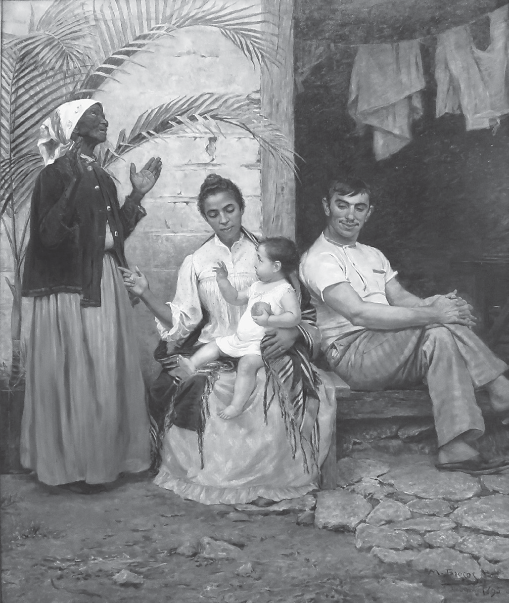 Pintura em preto e branco: diante de uma casa simples, uma mulher negra idosa, de lenço na cabeça, em pé com as mãos erguidas ao céu; ao centro, sentada, uma mulher jovem de pele mais clara segura no colo um bebê de pele clara; à direita, um homem branco sentado sorri para a criança. Ao fundo, uma palmeira e roupas no varal.
