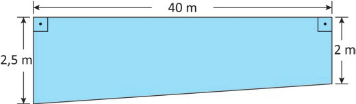 Desenho de um muro em vista lateral, como um trapézio azul-claro deitado. A cota horizontal superior indica 40 m de comprimento. A cota vertical à esquerda indica 2,5 m de altura e a cota vertical à direita indica 2 m; a base é inclinada, acompanhando o declive do terreno. Os cantos superiores trazem marcas de ângulo reto.