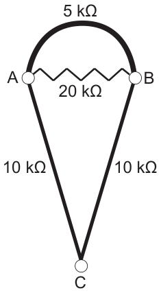 Desenho de um sorvete de casquinha feito com os traçados: entre os terminais A (esquerda) e B (direita), um arco grosso por cima rotulado 5 kΩ e um zigue-zague por baixo rotulado 20 kΩ; de A e de B descem duas retas rotuladas 10 kΩ cada, que se encontram no terminal C, na ponta da casquinha.