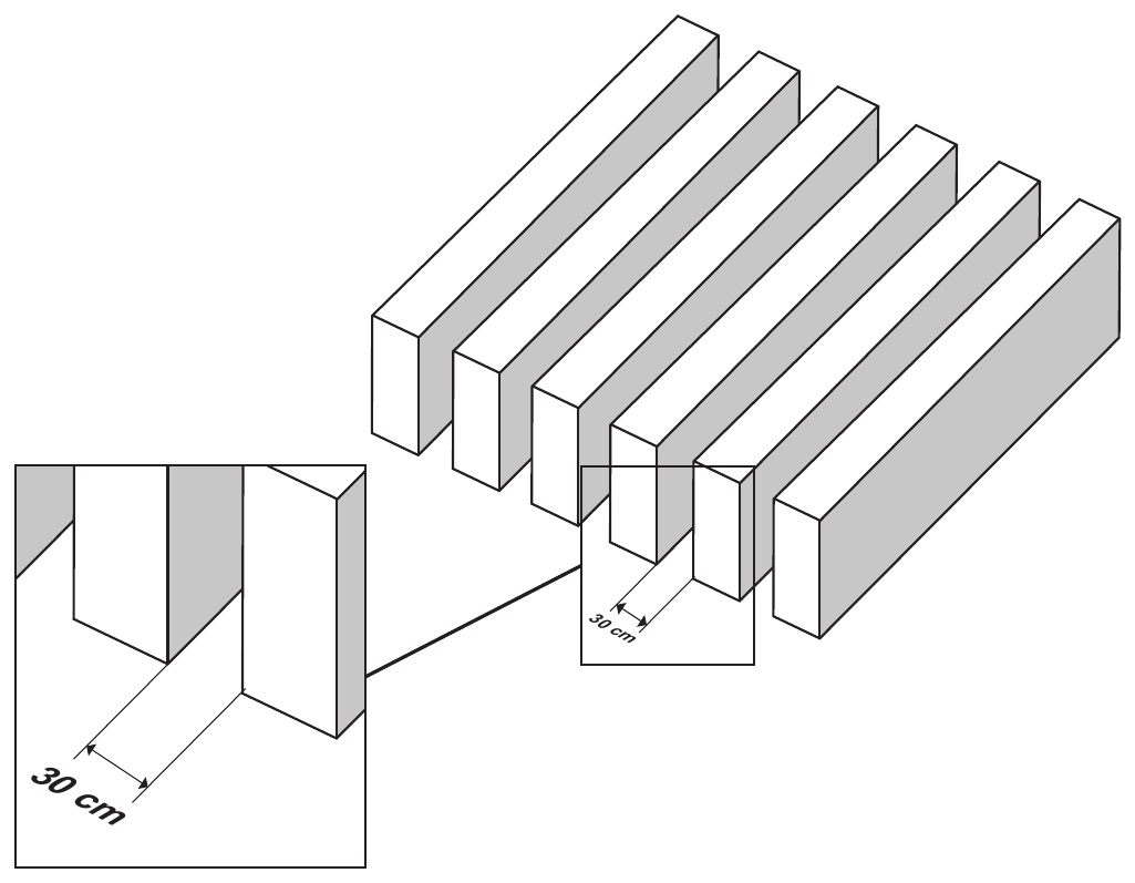 Desenho em perspectiva de um pergolado: sete vigas iguais, de seção retangular, postas paralelas e em fila, formando um estrado com vãos entre elas. No canto inferior esquerdo há uma ampliação de parte do estrado, ligada por linhas ao trecho ampliado no desenho principal; nas duas, uma seta de dupla ponta indica a distância entre duas vigas vizinhas, cotada como 30 cm.