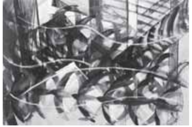 Reprodução da pintura Voo de andorinhas, de Giacomo Balla: silhuetas escuras de andorinhas repetidas em sequência sobre um fundo de janelas e paredes, com linhas onduladas que atravessam a cena sugerindo as trajetórias do voo.
