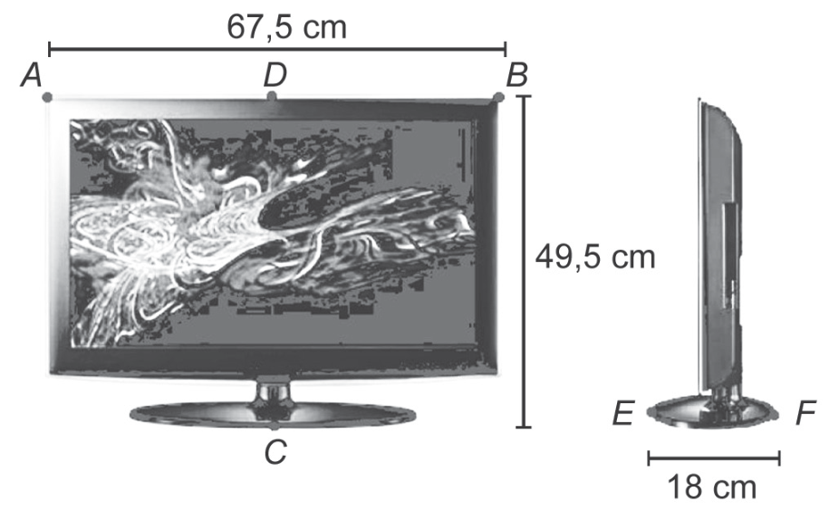 Fotografia em tons de cinza de um televisor de tela plana visto de frente, com os pontos A, D e B no topo, C na base, e a cota '67,5 cm' sobre a largura e '49,5 cm' ao lado da altura; à direita, o mesmo televisor de perfil, com os pontos E e F na base e a cota '18 cm' para a profundidade.