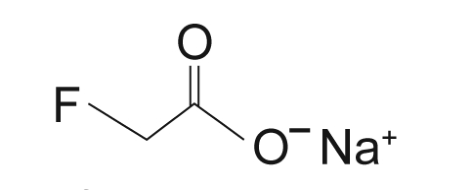 Fórmula estrutural do monofluoracetato de sódio: um átomo de flúor (F) ligado a um carbono, que se liga a um segundo carbono com dupla ligação a um oxigênio (O) acima e ligação simples a um oxigênio com carga negativa (O⁻); ao lado, o íon sódio (Na⁺). Legenda: "monofluoracetato de sódio".
