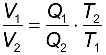 Fórmula: V₁/V₂ = (Q₁/Q₂) · (T₂/T₁), escrita com três frações: V₁ sobre V₂ é igual a Q₁ sobre Q₂ vezes T₂ sobre T₁.