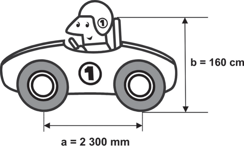 Desenho de um carro de corrida visto de lado, com o piloto de capacete e o número 1 na lateral. Uma cota horizontal entre os centros das rodas dianteira e traseira indica a = 2 300 mm; uma cota vertical do solo até o topo do encosto do piloto indica b = 160 cm.