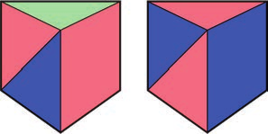 Dois escudos coloridos, lado a lado, com a mesma divisão em quatro regiões da Figura 1. No primeiro, o triângulo superior é verde-claro, o triângulo à esquerda é rosa, o triângulo inferior esquerdo é azul e o quadrilátero à direita é rosa. No segundo, o triângulo superior é rosa, o triângulo à esquerda é azul, o triângulo inferior esquerdo é rosa e o quadrilátero à direita é azul.