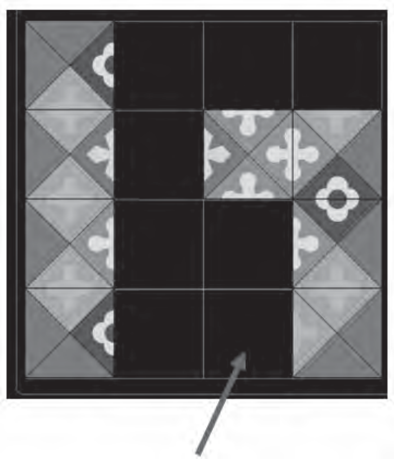 Figura A: tabuleiro 4 × 4 com 8 peças quadradas colocadas, cada uma dividida em quatro triângulos com tons de cinza e motivos florais brancos; a primeira coluna está completa, há peças na segunda linha (colunas 3 e 4) e na terceira e quarta linhas (coluna 4); os demais espaços estão vazios (pretos) e uma seta indica o espaço vazio na última linha, terceira coluna, à esquerda de uma peça de triângulos cinza sem flores.