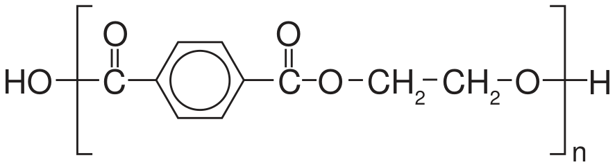 Fórmula estrutural do PET: HO ligado a uma unidade repetitiva entre colchetes com índice n, formada por um grupo C=O ligado a um anel benzênico, outro C=O, O, CH₂, CH₂ e O; fora dos colchetes, H no final.