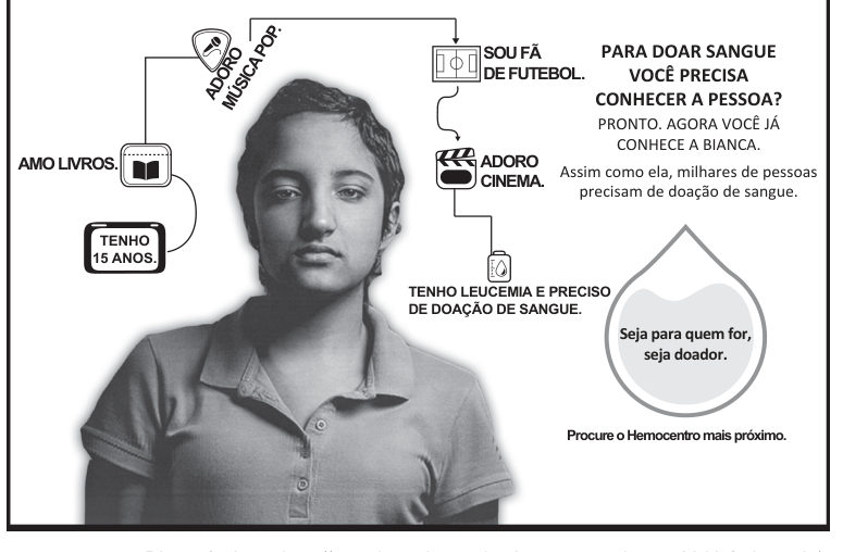 Cartaz do Ministério da Saúde: uma adolescente de camiseta polo, expressão séria, cercada de ícones e balões: 'ADORO MÚSICA POP.', 'SOU FÃ DE FUTEBOL.', 'AMO LIVROS.', 'ADORO CINEMA.', 'TENHO 15 ANOS.', 'TENHO LEUCEMIA E PRECISO DE DOAÇÃO DE SANGUE.' À direita: 'PARA DOAR SANGUE VOCÊ PRECISA CONHECER A PESSOA? PRONTO. AGORA VOCÊ JÁ CONHECE A BIANCA. Assim como ela, milhares de pessoas precisam de doação de sangue.' Dentro de uma gota: 'Seja para quem for, seja doador.' Abaixo: 'Procure o Hemocentro mais próximo.'