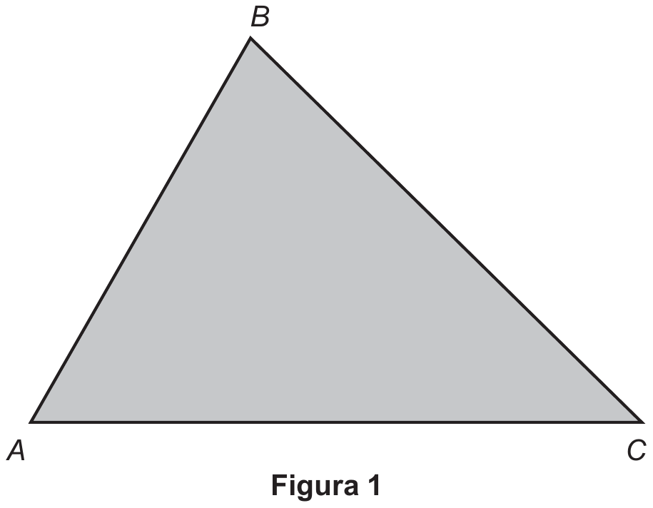 Figura 1: triângulo cinza com vértice B no alto e base AC (A à esquerda, C à direita); legenda 'Figura 1'.