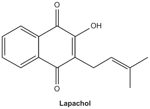 Fórmula estrutural do lapachol: um anel benzênico fundido a um anel de seis membros com duas carbonilas (C=O) em posições opostas (1,4-naftoquinona); no anel da quinona, um carbono da dupla ligação traz o grupo –OH e o carbono vizinho traz uma cadeia –CH₂–CH=C(CH₃)₂. Legenda: “Lapachol”.
