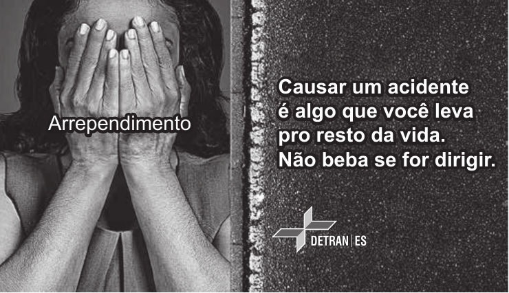 Peça gráfica com uma pessoa cobrindo o rosto com as mãos, texto e logotipo do Detran ES.