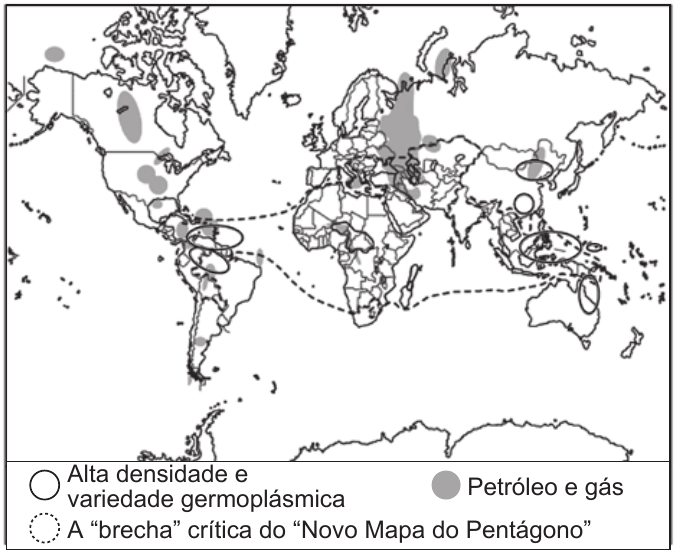 Mapa-múndi com germoplasma, petróleo e a brecha do Pentágono.