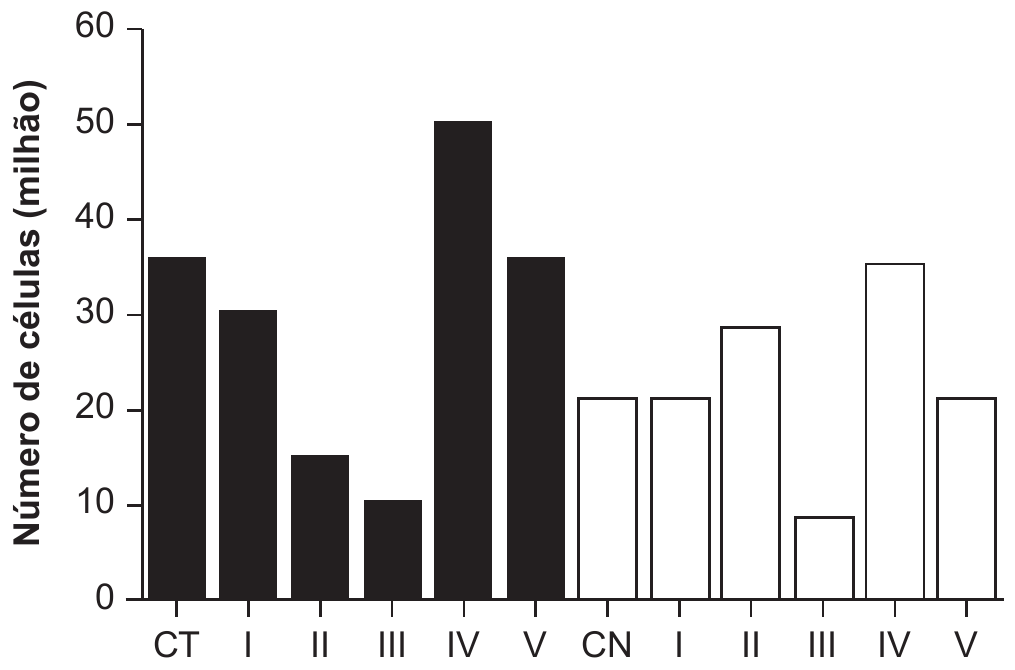 Gráfico de colunas. O eixo vertical, Número de células (milhão), vai de 0 a 60, de 10 em 10. As seis primeiras colunas são escuras (células tumorais) e as seis seguintes são claras (células normais). Entre as escuras: CT chega a cerca de 36; I, a cerca de 30; II, a cerca de 15; III, a cerca de 10; IV, a cerca de 50; V, a cerca de 36. Entre as claras: CN chega a cerca de 21; I, a cerca de 21; II, a cerca de 29; III, a cerca de 9; IV, a cerca de 35; V, a cerca de 21.