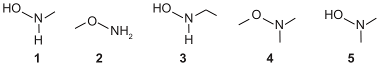Cinco fórmulas estruturais numeradas: 1, HO-NH-CH₃ (hidroxilamina com um metil no nitrogênio e um H no nitrogênio); 2, CH₃-O-NH₂ (hidroxilamina com um metil no oxigênio e NH₂ livre); 3, HO-NH-CH₂CH₃ (etil no nitrogênio, H no nitrogênio); 4, CH₃-O-N(CH₃)-CH₃ (metil no oxigênio e dois metis no nitrogênio, sem H); 5, HO-N(CH₃)-CH₃ (OH livre e dois metis no nitrogênio).