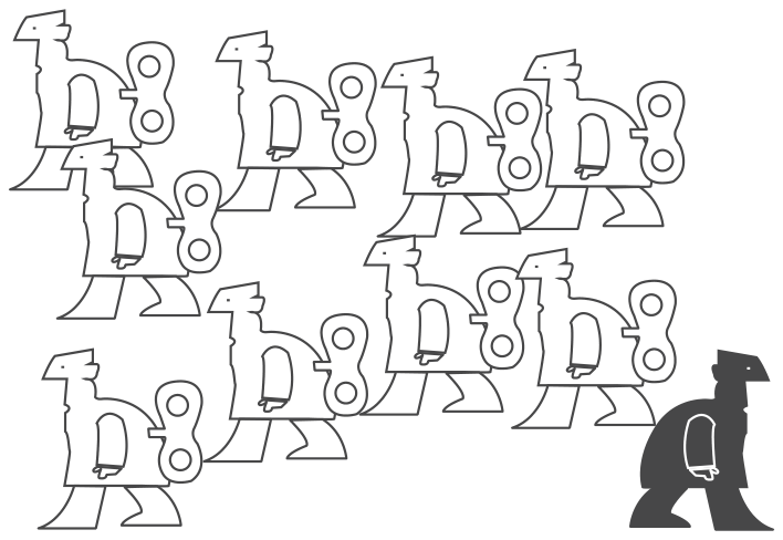 Cartum em traço preto: cerca de dez figuras humanas idênticas, desenhadas apenas em contorno, com uma chave de corda nas costas, caminham todas para a esquerda. No canto inferior direito, uma figura preenchida em preto, sem chave de corda e de chapéu, caminha na direção oposta.