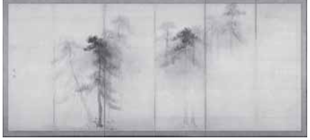 Reprodução da pintura Floresta de pinheiros, de Hasegawa Tohaku: biombo em seis painéis com pinheiros em nanquim, alguns em traço mais escuro no primeiro plano e outros esmaecidos na névoa, com grandes áreas vazias.