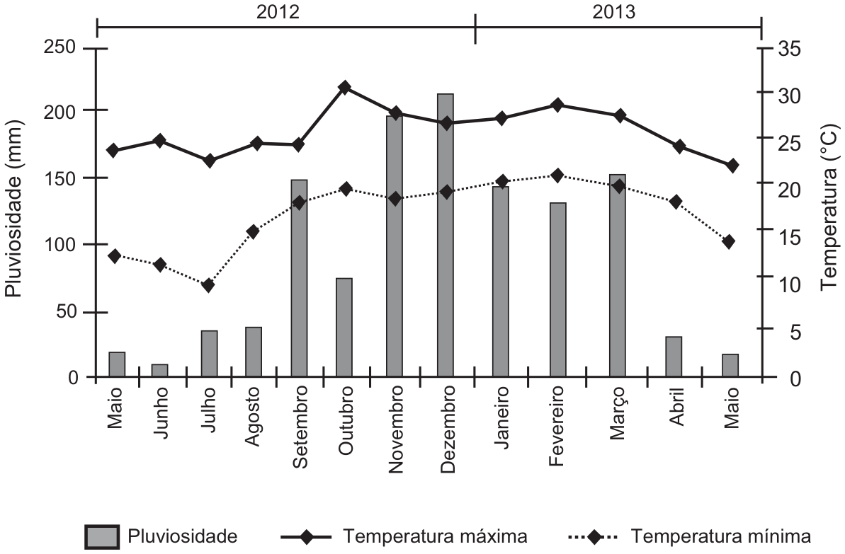 Gráfico combinado de maio de 2012 a maio de 2013: barras de pluviosidade (mm, eixo esquerdo de 0 a 250) — baixas de maio a agosto (≈ 20, 10, 35, 40), altas de setembro a dezembro (≈ 148, 75, 197, 212), altas em janeiro–março (≈ 145, 130, 152) e baixas em abril–maio (≈ 30, 18); linha contínua da temperatura máxima (°C, eixo direito de 0 a 35): ≈ 24, 25, 23, 24,5, 24,5, 30,5, 27,5, 26,5, 27, 28,5, 27,5, 24, 22; linha pontilhada da temperatura mínima: ≈ 13, 12, 10, 15,5, 18,5, 20, 19, 19,5, 20,5, 21,5, 20, 18,5, 14.