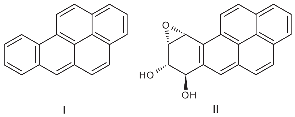 Duas fórmulas estruturais. I: hidrocarboneto policíclico aromático formado por cinco anéis benzênicos condensados, sem outros grupos. II: estrutura derivada de I em que um dos anéis da extremidade deixou de ser aromático e apresenta um anel epóxido (átomo de oxigênio ligado a dois carbonos vizinhos) e dois grupos hidroxila (OH) em carbonos vizinhos, com indicação de estereoquímica (ligações em cunha e tracejadas).