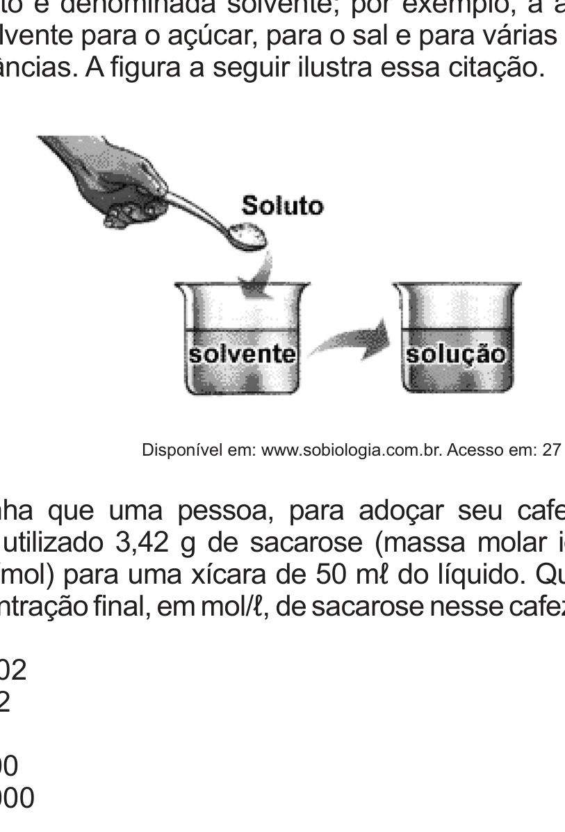 Ilustração: uma mão segura uma colher despejando um pó branco, rotulado "Soluto", em um copo com líquido rotulado "solvente"; uma seta leva a um segundo copo rotulado "solução".