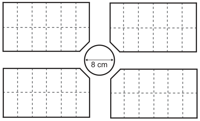 Planta com quatro quadras retangulares, uma em cada canto, cada uma dividida em lotes por linhas tracejadas; no centro, entre as quadras, um círculo com uma seta de duas pontas no diâmetro e a cota '8 cm'.