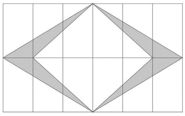 Retângulo dividido por linhas verticais em seis colunas e por uma linha horizontal em duas fileiras, formando doze mosaicos retangulares mais altos que largos. Dentro do retângulo, um losango grande com vértices nos pontos médios dos quatro lados; dentro dele, um losango branco menor com os mesmos vértices superior e inferior e vértices laterais uma coluna para dentro. A faixa entre os dois losangos, formada por quatro triângulos alongados, está sombreada em cinza.
