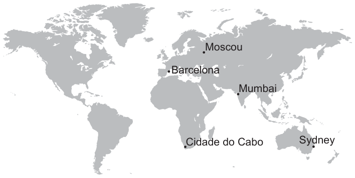 Mapa-múndi em cinza com cinco cidades marcadas por pontos: Moscou (leste da Europa), Barcelona (sul da Europa), Mumbai (oeste da Índia), Cidade do Cabo (extremo sul da África) e Sydney (sudeste da Austrália).