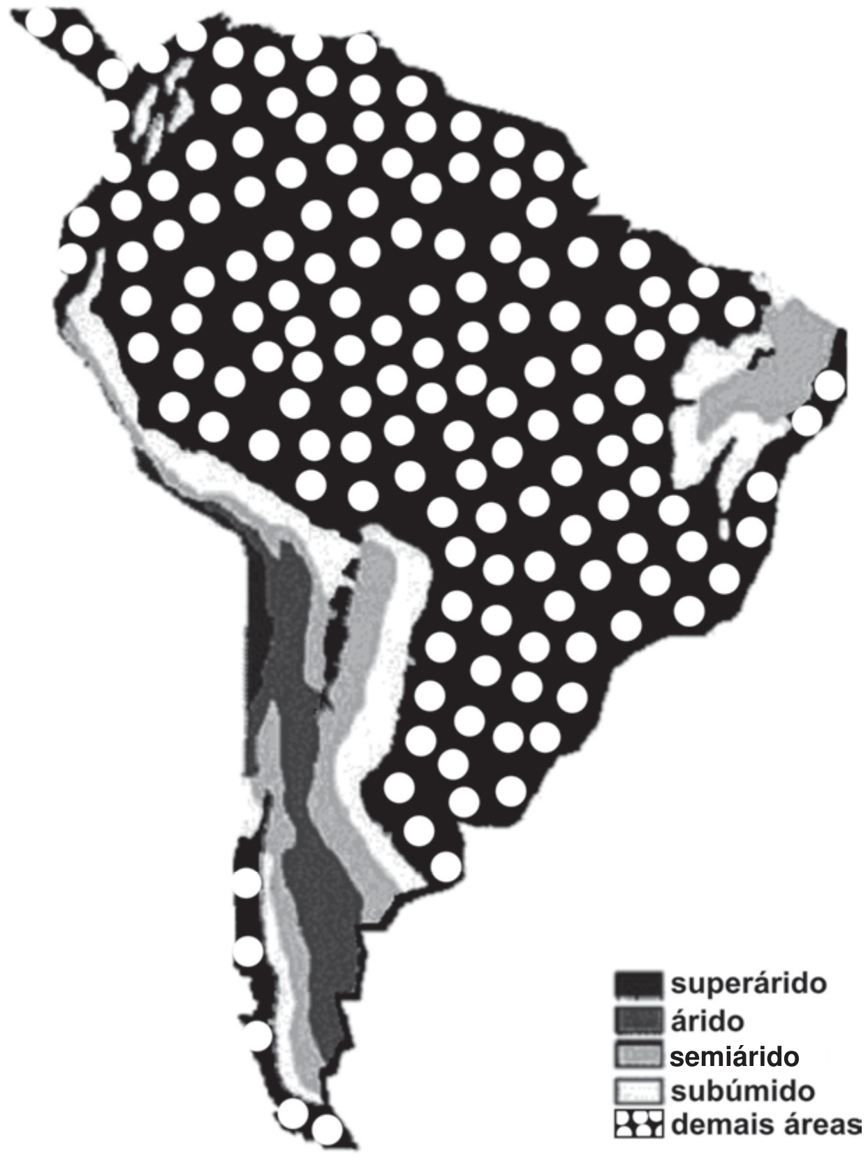 Mapa da América do Sul com legenda de aridez: superárido (preto) na costa do Pacífico entre o Peru e o norte do Chile; árido (cinza escuro) ao longo do Chile e da Patagônia argentina; semiárido (cinza) nas bordas dessas áreas e no interior do Nordeste brasileiro; subúmido (cinza claro) em torno do semiárido nordestino e em faixas andinas; e "demais áreas" (padrão de círculos brancos sobre preto) no restante do continente.