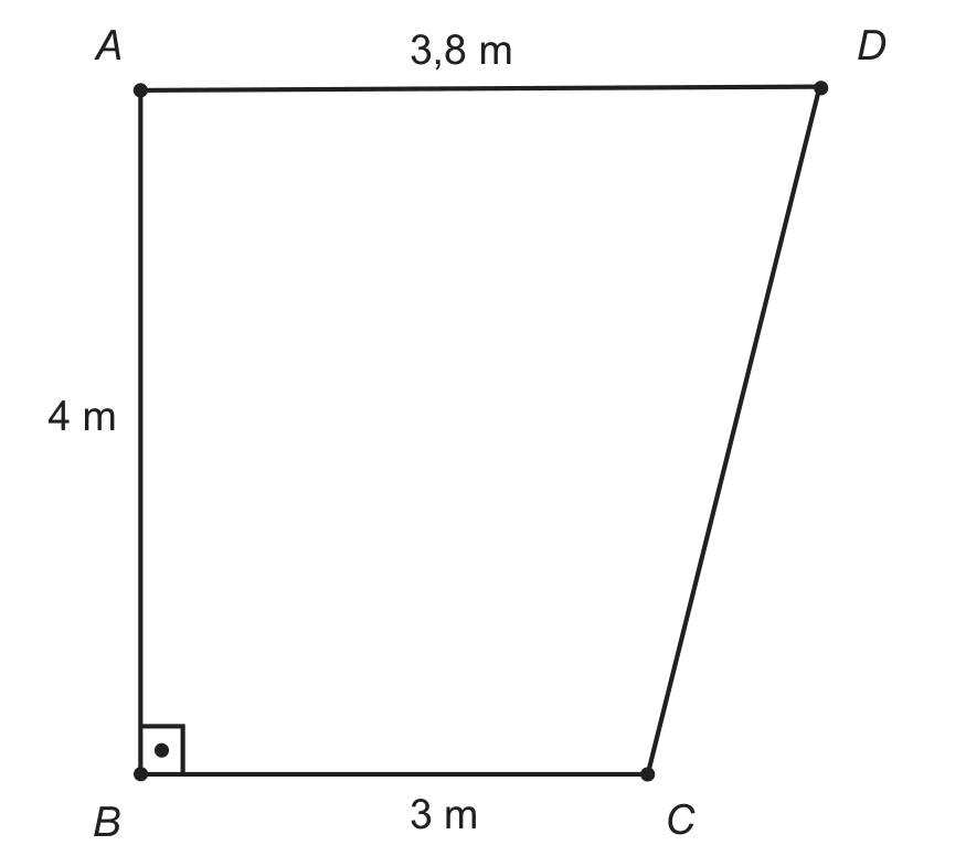 Trapézio retângulo com vértices A (canto superior esquerdo), D (canto superior direito), B (canto inferior esquerdo) e C (canto inferior direito). O lado superior AD mede 3,8 m, o lado esquerdo AB mede 4 m e o lado inferior BC mede 3 m; o ângulo em B é reto, marcado com um quadradinho. O lado CD é inclinado, ligando C a D.